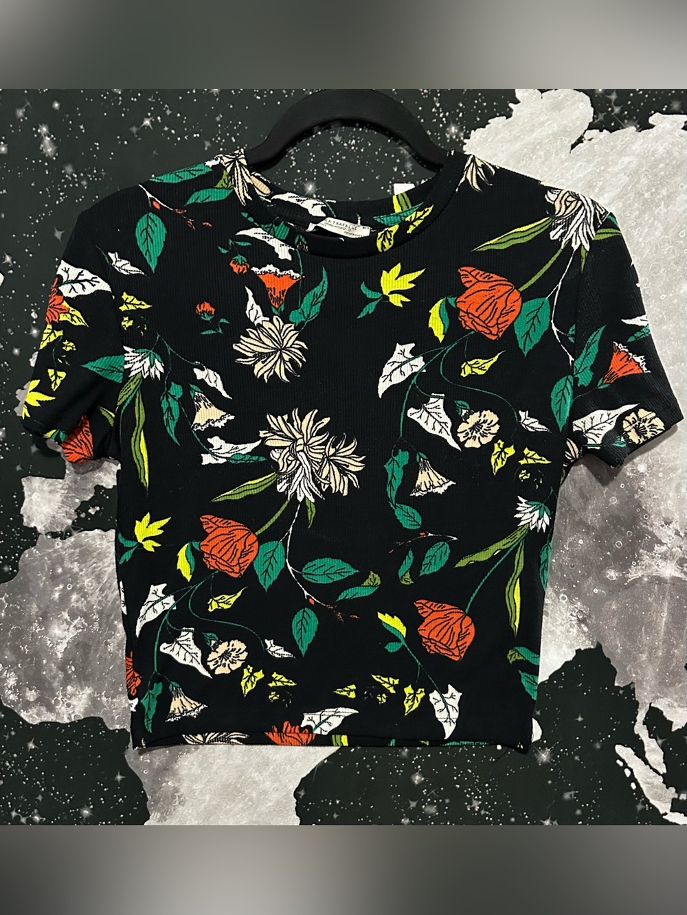 Zara Trafaluc Black Ribbed Floral Crop Top Shirt